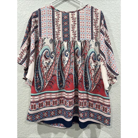Fig and Flower Womens Top XL Multicolor Flutter Sleeve Paisley Patchwork Boho - Picture 2 of 7